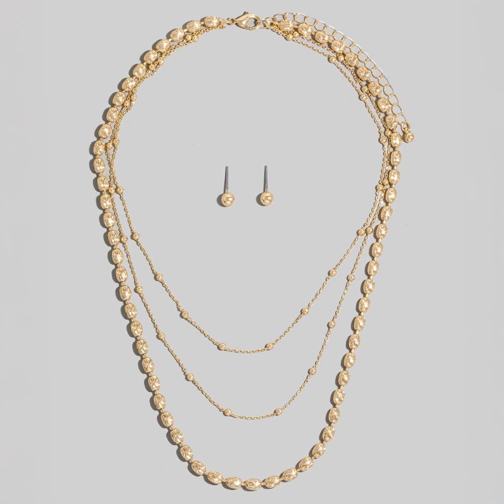 Intricate Metallic Beaded And Chain Layered Necklace Set