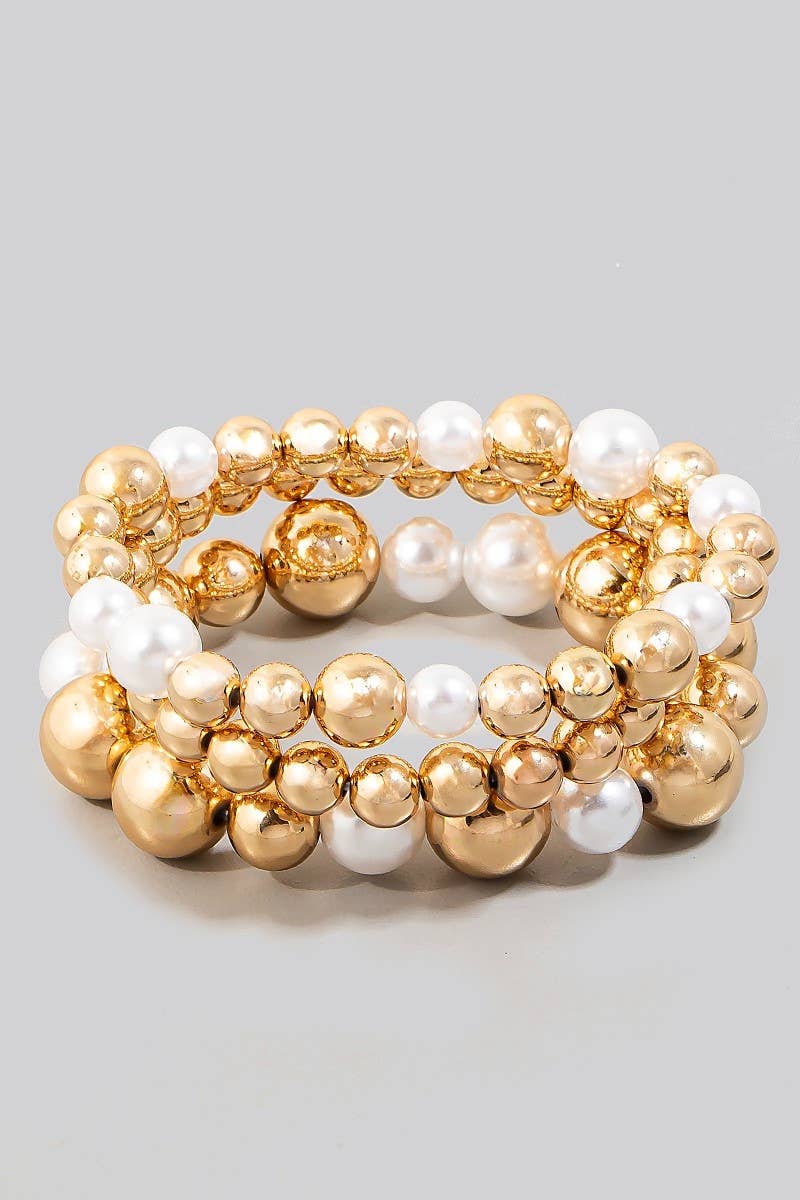 Large Pearl And Metallic Beaded Elastic Bracelet Set: G
