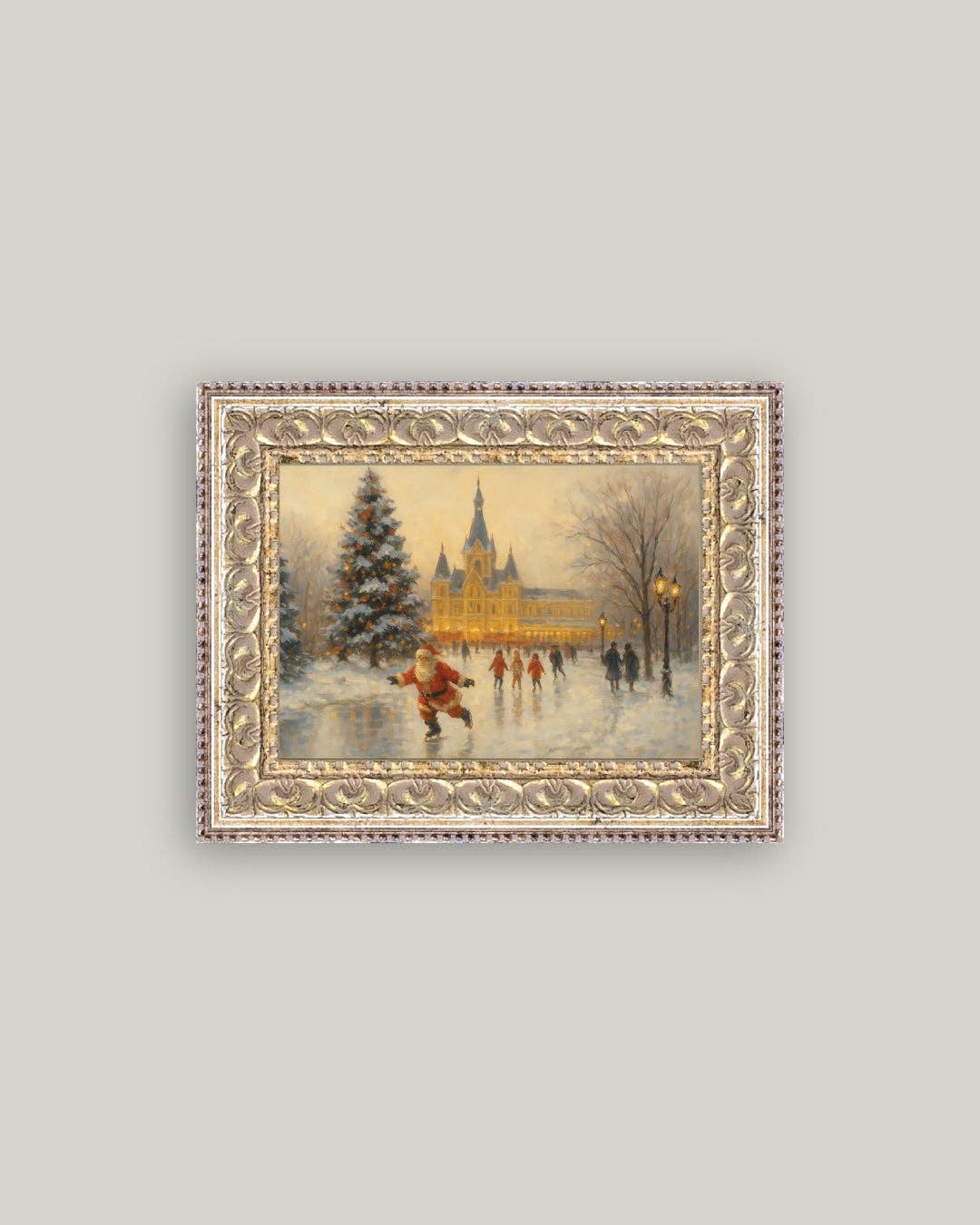 Skating Santa Framed Antique Art | 7x5