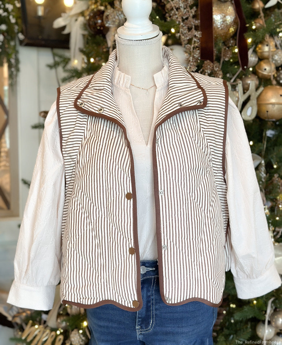 Striped Brown/White quilted Vest w/scalloped hem