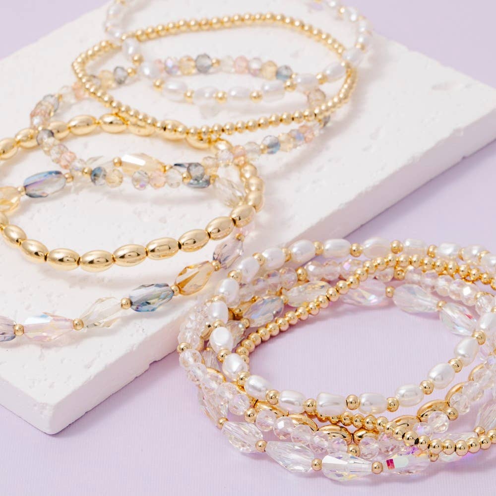 Metallic Pearl And Faceted Beaded Bracelet Set