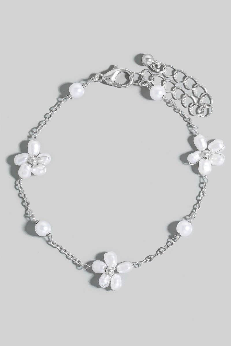 Pearl Beaded Flower Chain Bracelet Gold