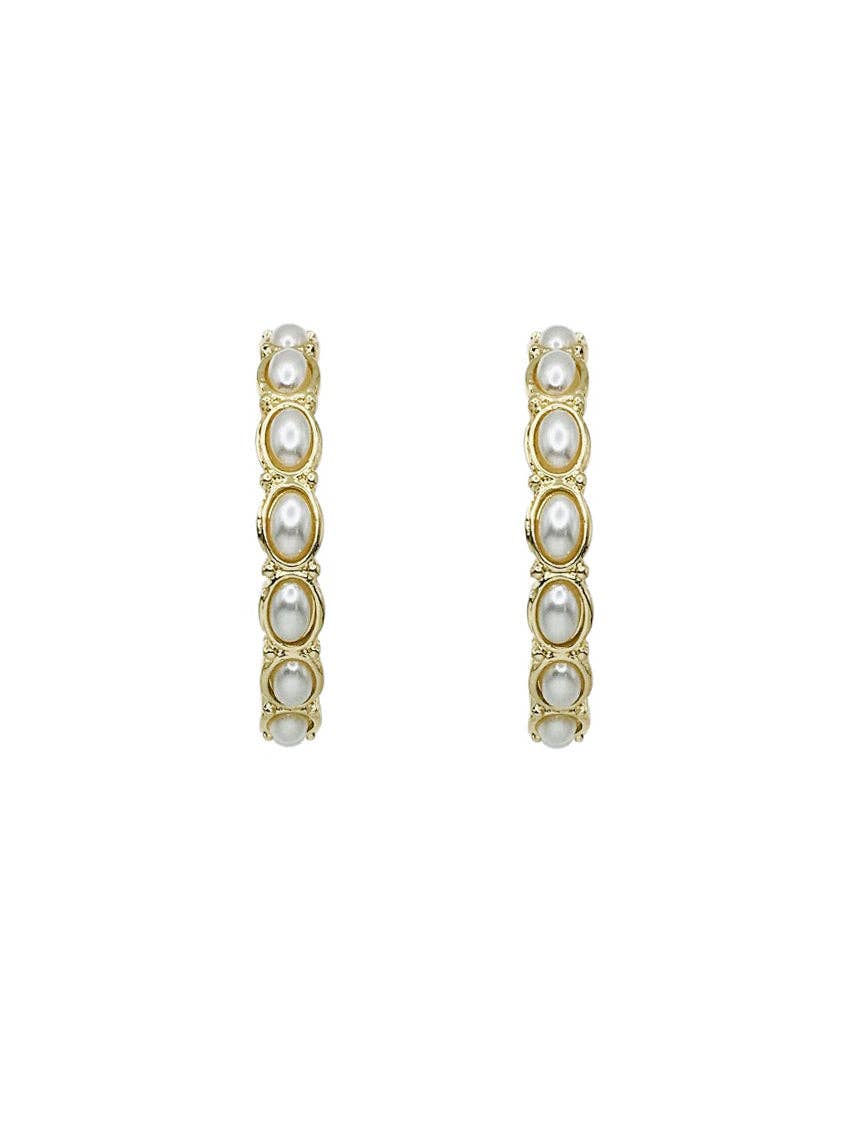 Gold Hammered and Pearl Circle 2" Hoop Earring