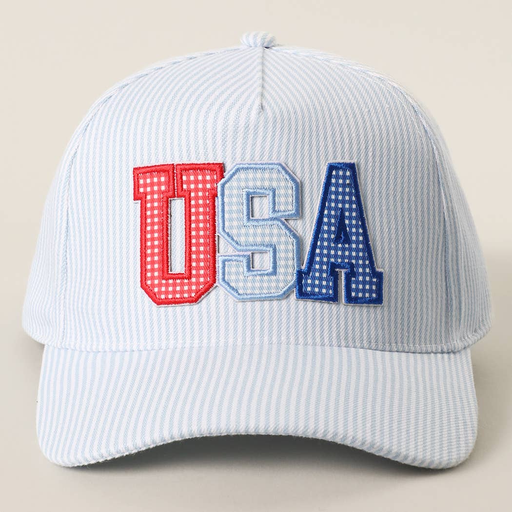 USA Embroidered Patch Varsity-Style Stripe Trucker Hat 
: BLUE
