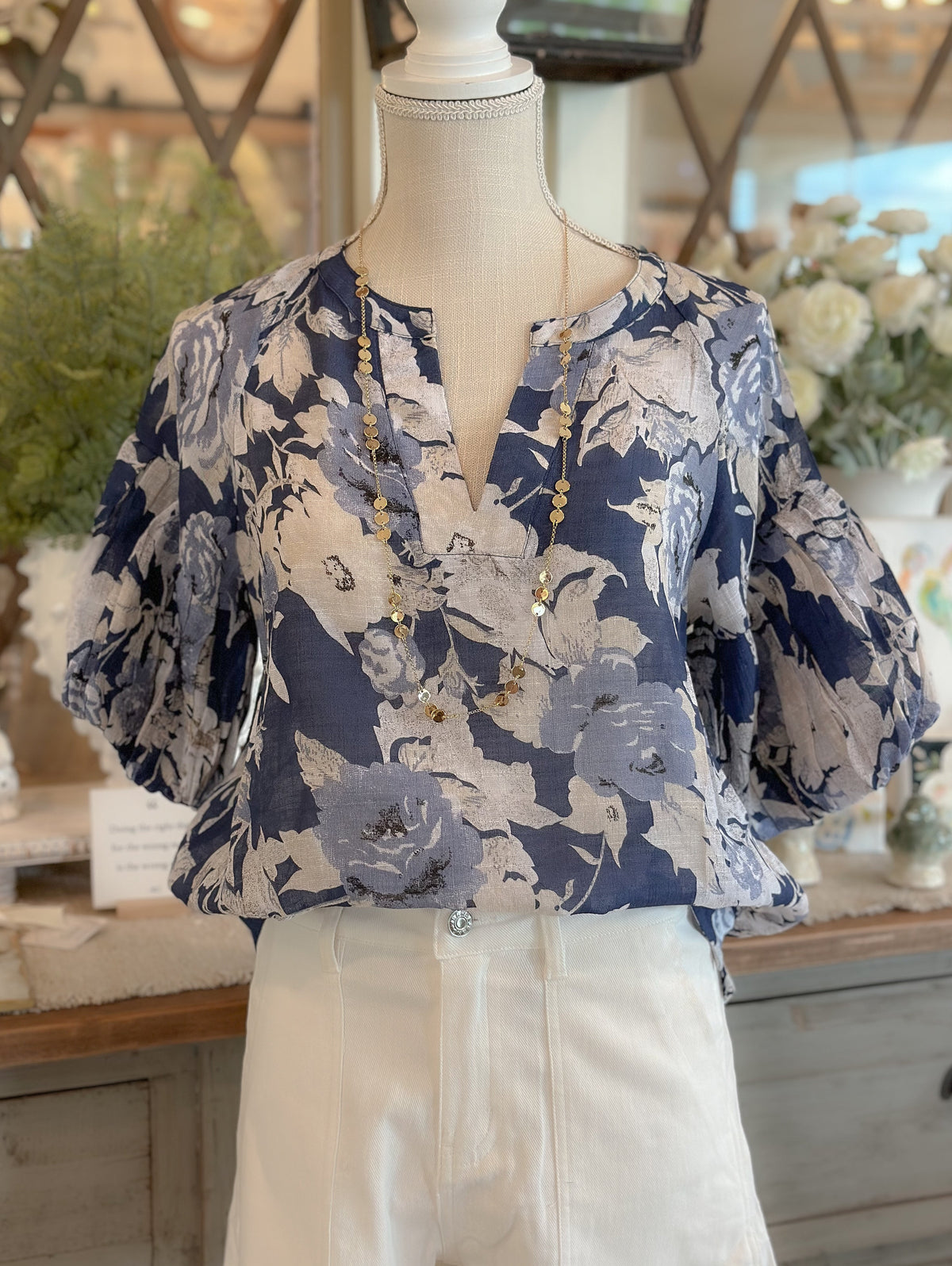 Floral Print Short Balloon Sleeves Top