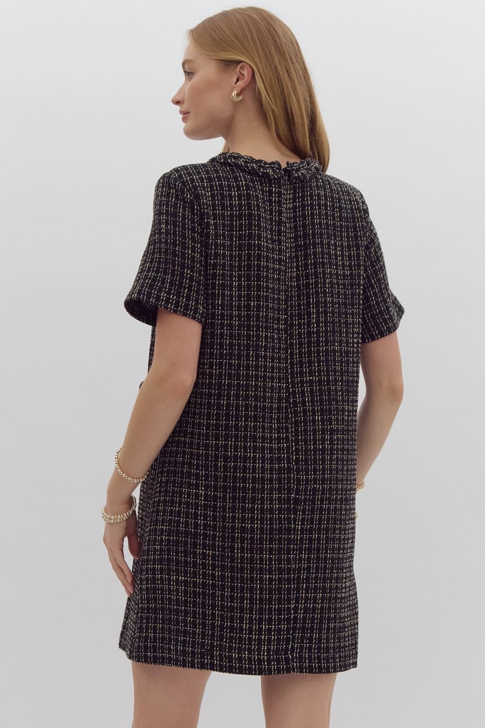 Black Tweed Textured Short Sleeve Dress