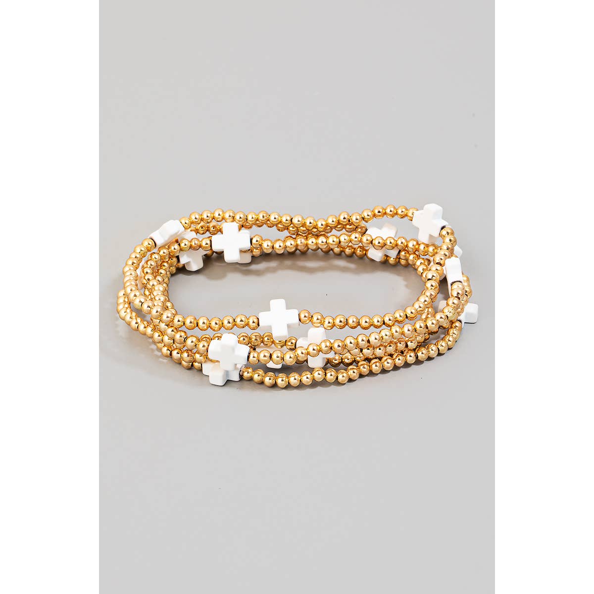 Cross And Metallic Beads Layered Bracelet: WHT