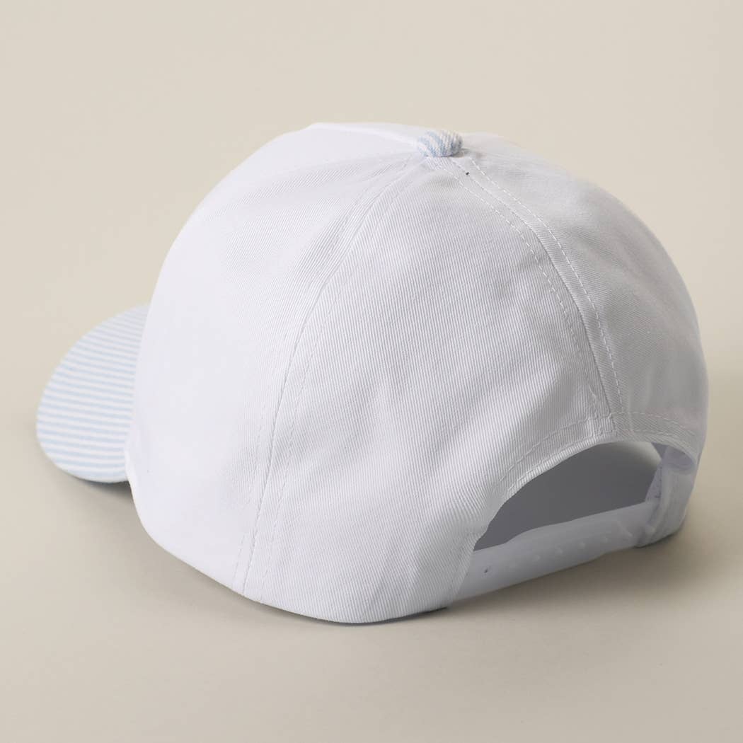 USA Gingham Embroidered Patch Stripe Brim Trucker Hat: BLUE, One Size