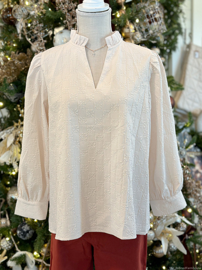 Ecru 3/4 sleeve Ruffle Neck Top