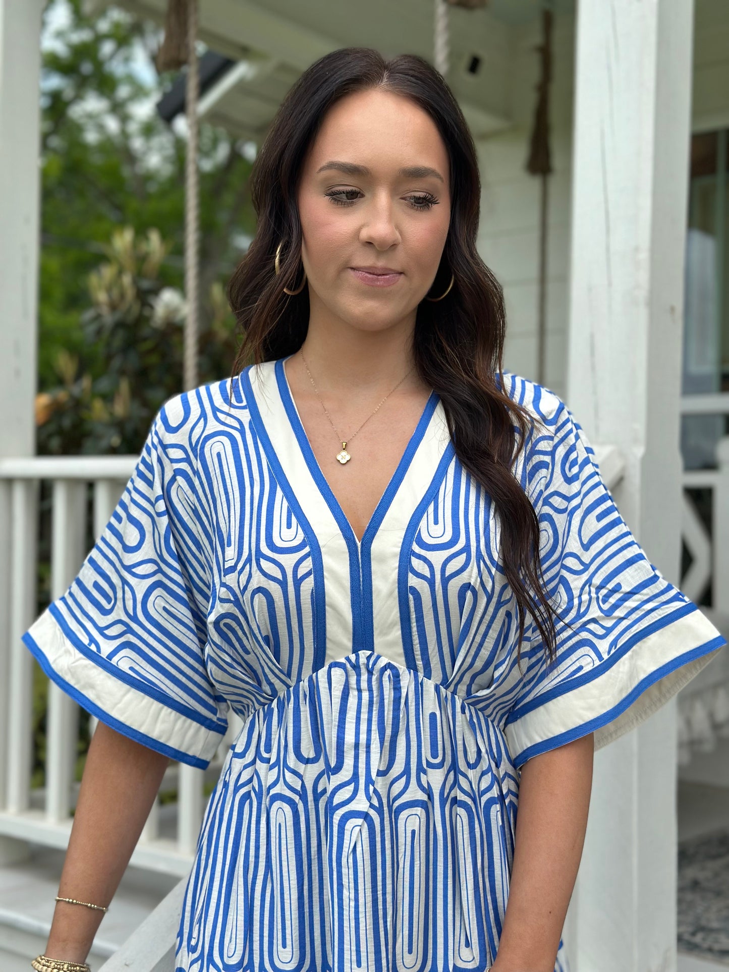 Blue Abstract V-Neck Midi Dress
