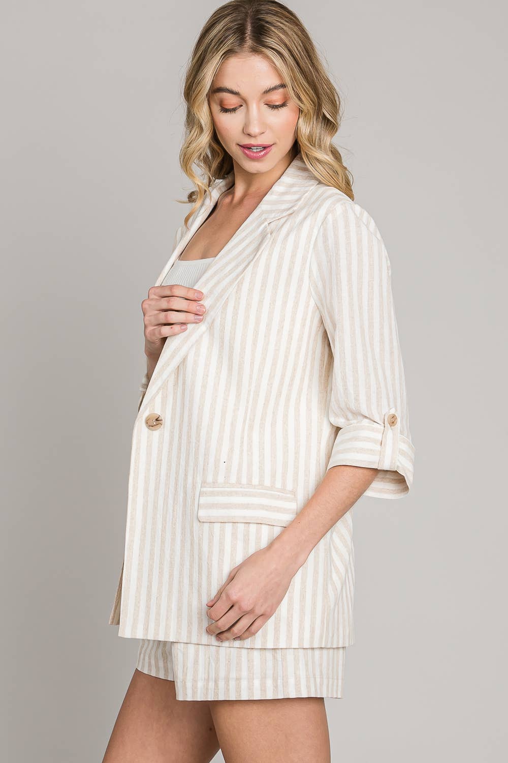 Striped Soft Linen 3/4 Roll-Tab Sleeves Jacket: Soft Blue, S