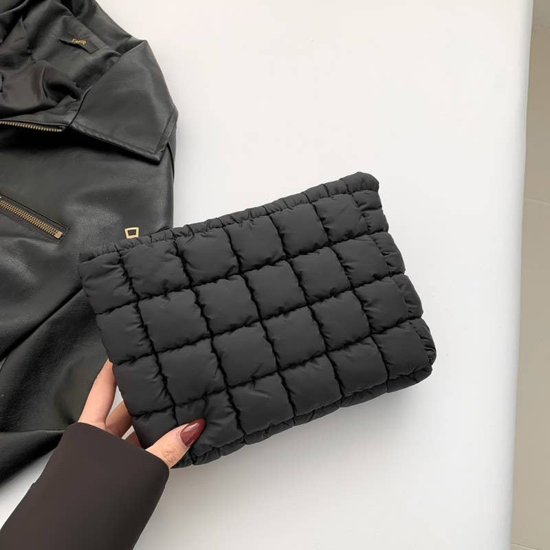 Black Quilted Puffy Cosmetic Makeup Pouch