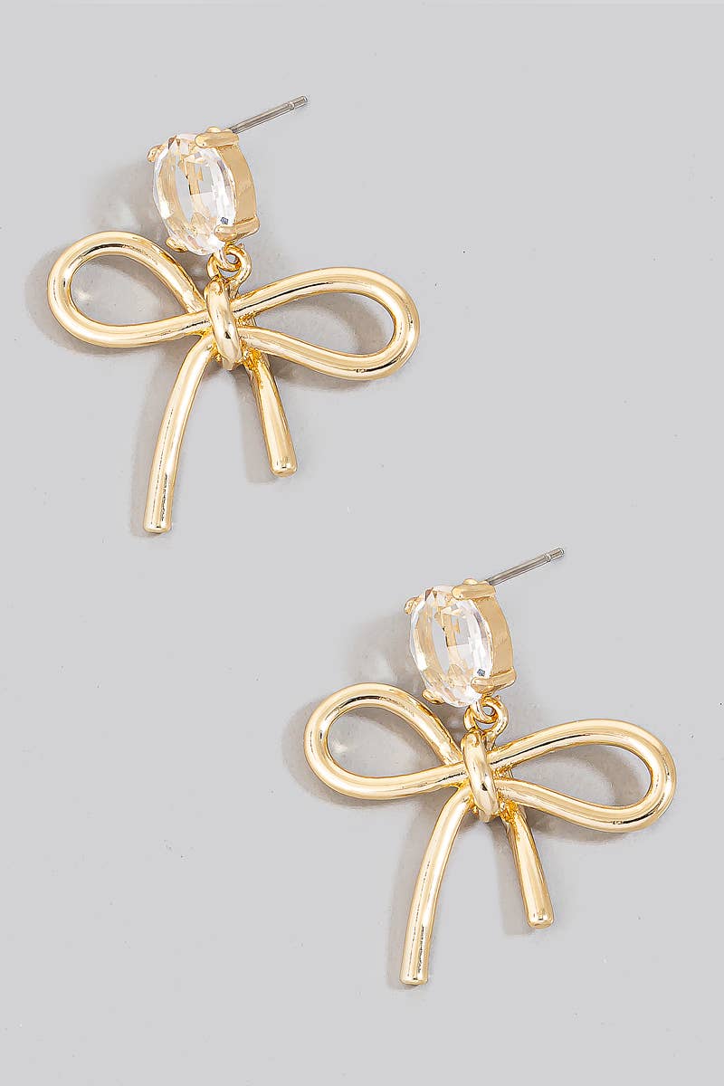 Metallic Ribbon Bow Dangle Earrings: Gold