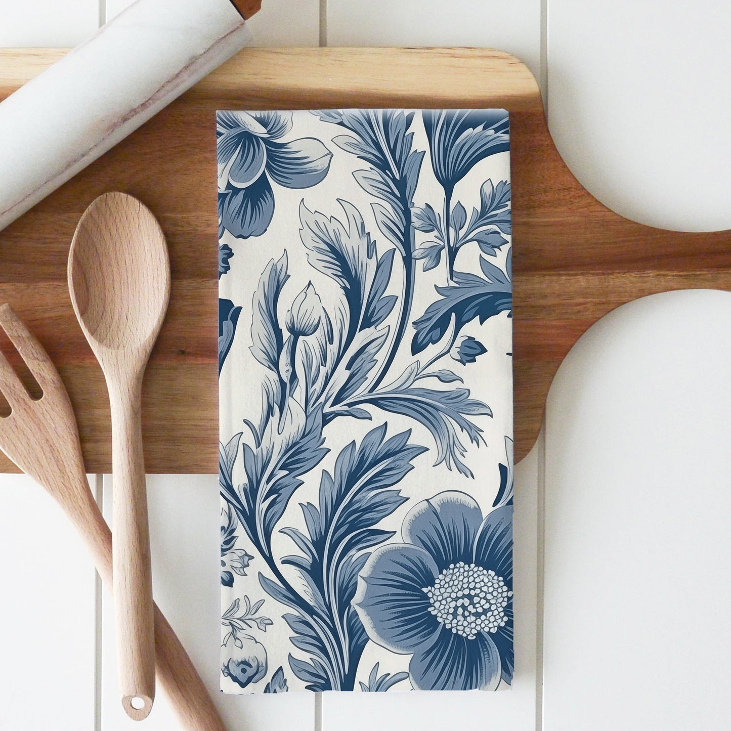 Blue Floral Wallpaper Tea Towel: Natural