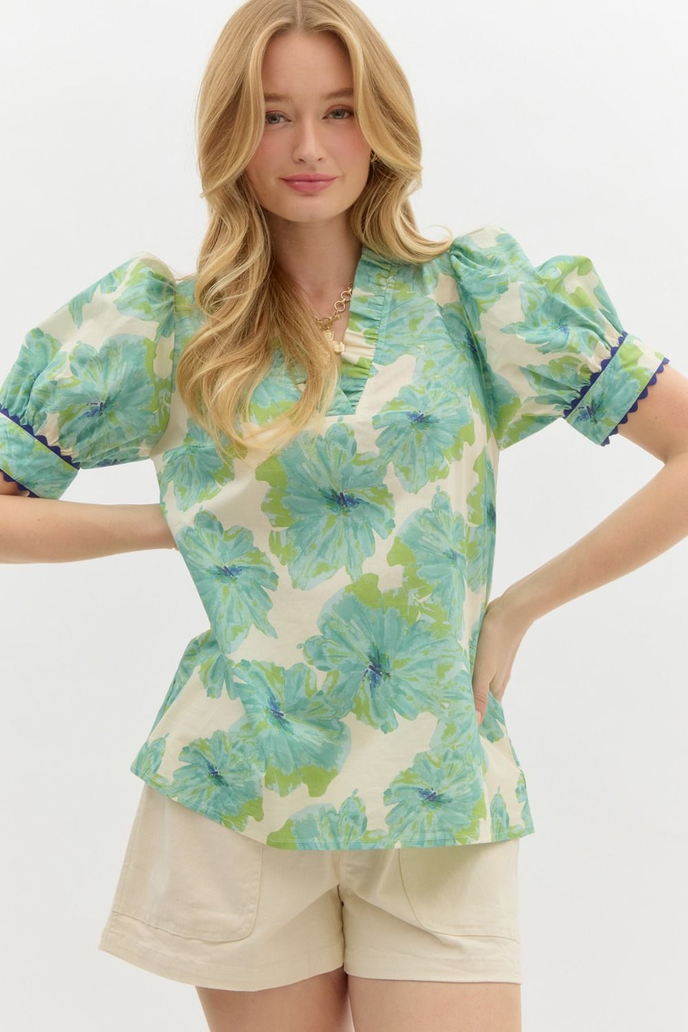 Mint Floral Ric Rac Top