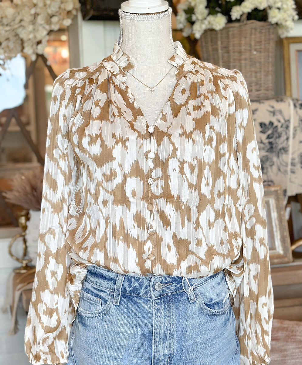 Abstract Print Chiffon Split Neck Top - Taupe