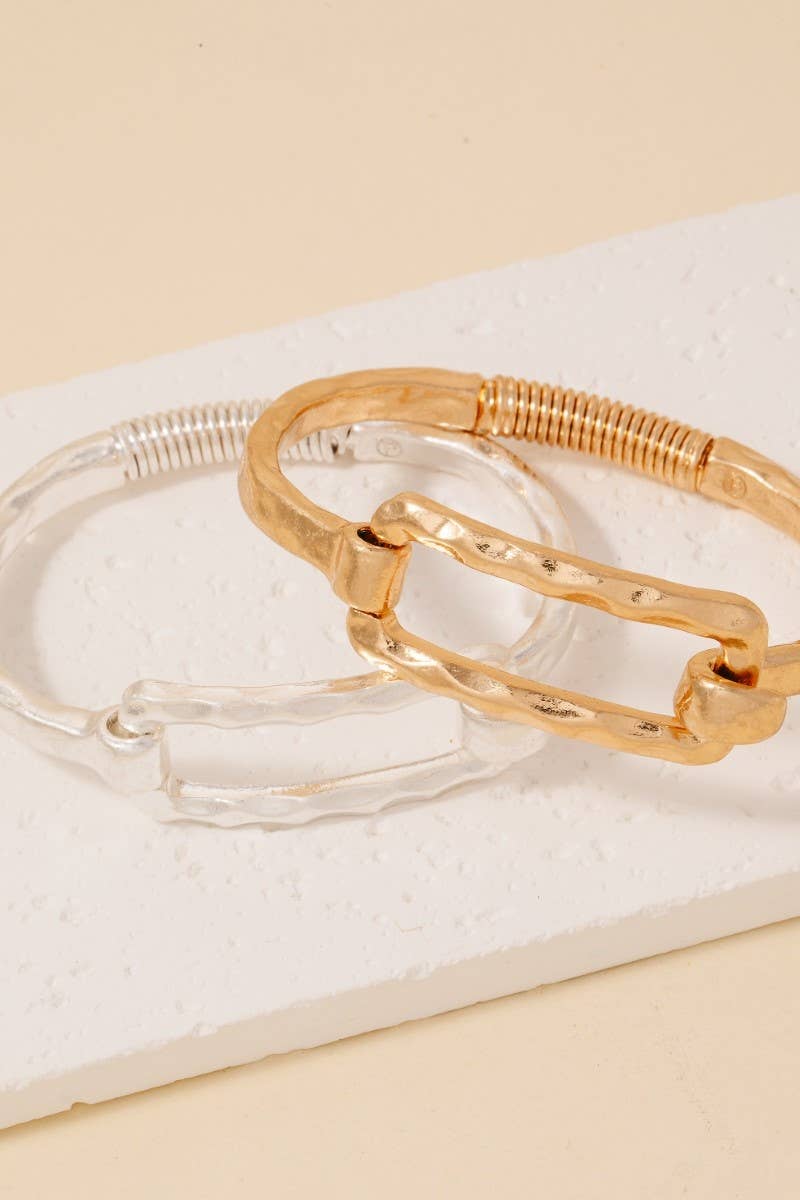 Hammered Rectangle Coil Spring Hook Bangle Bracelet: WG