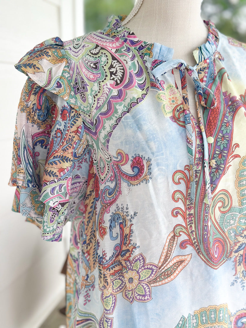 Mixed Paisley Print Double Ruffle Sleeve Top