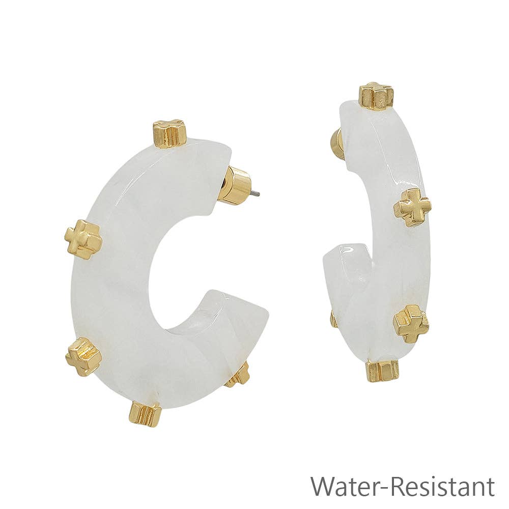 Water Resistant White Acrylic Hoop with Gold Studded 1.5" Earring