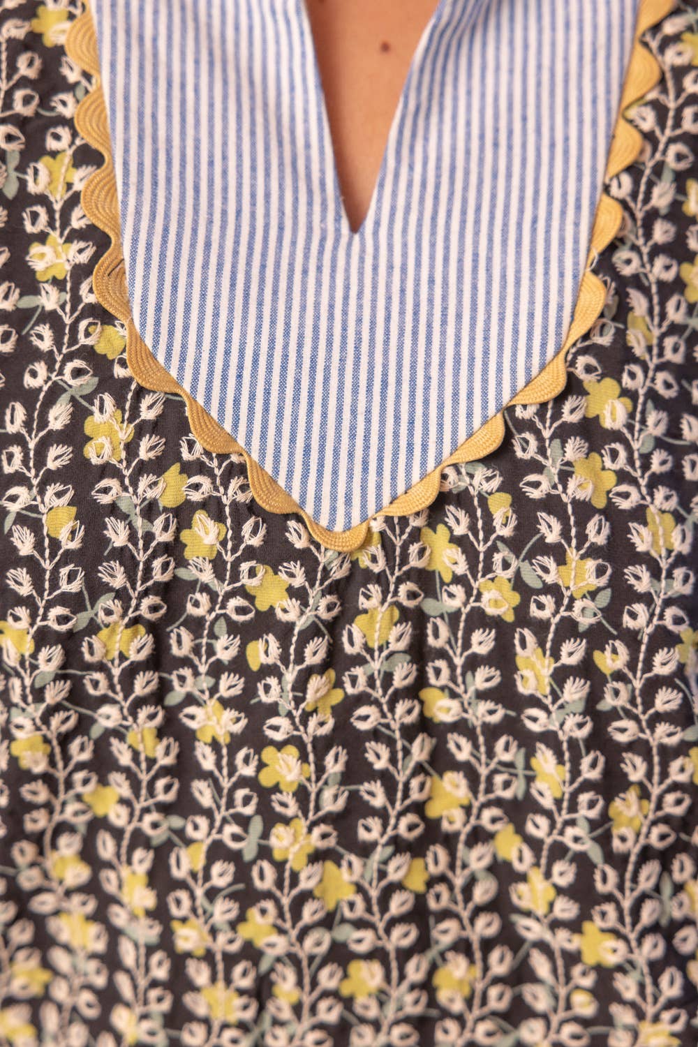 Floral Embroidered Striped Collar Block Top