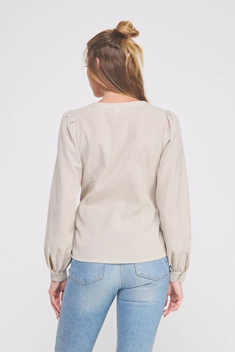 Striped cotton blend side wrap-tie button up blouse: NATURAL WHT, M
