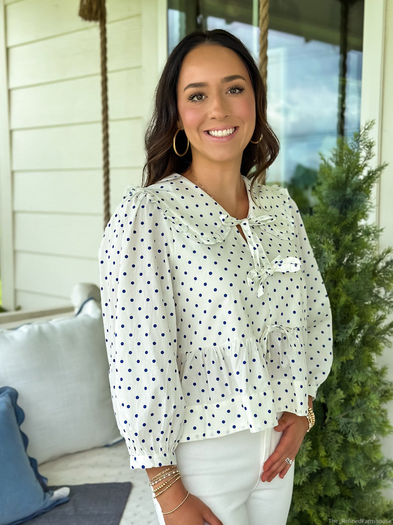 Polka dot loose fit pullover with bow Cream/blue