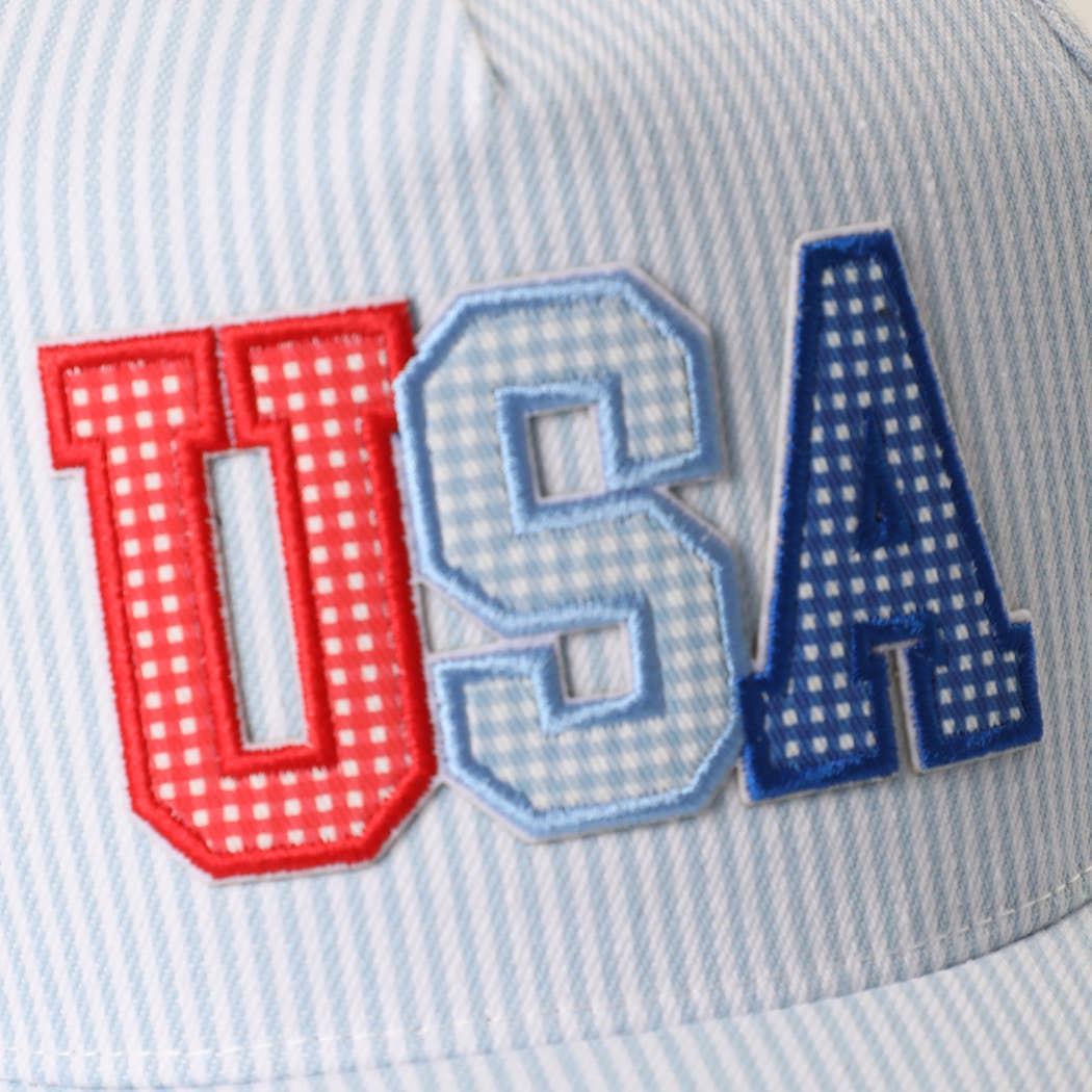 USA Embroidered Patch Varsity-Style Stripe Trucker Hat 
: BLUE