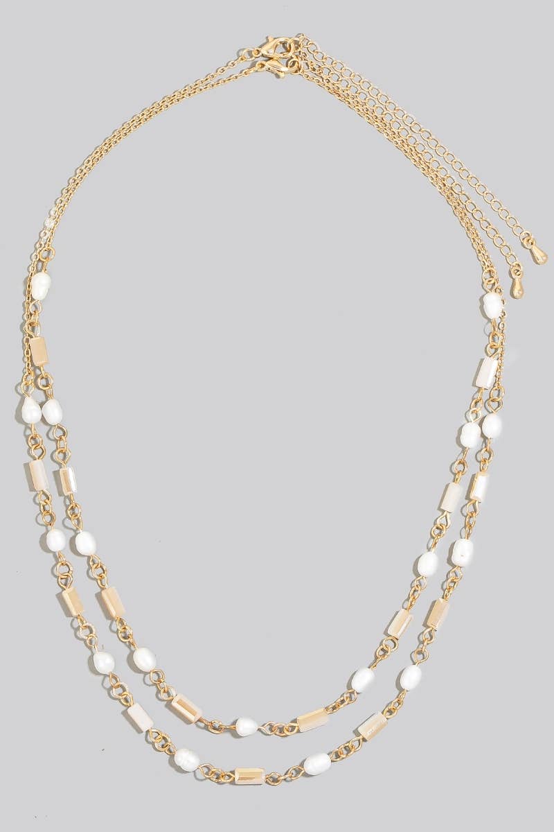 Pearl And Faceted Bar Station Bead Chain Layered Necklace