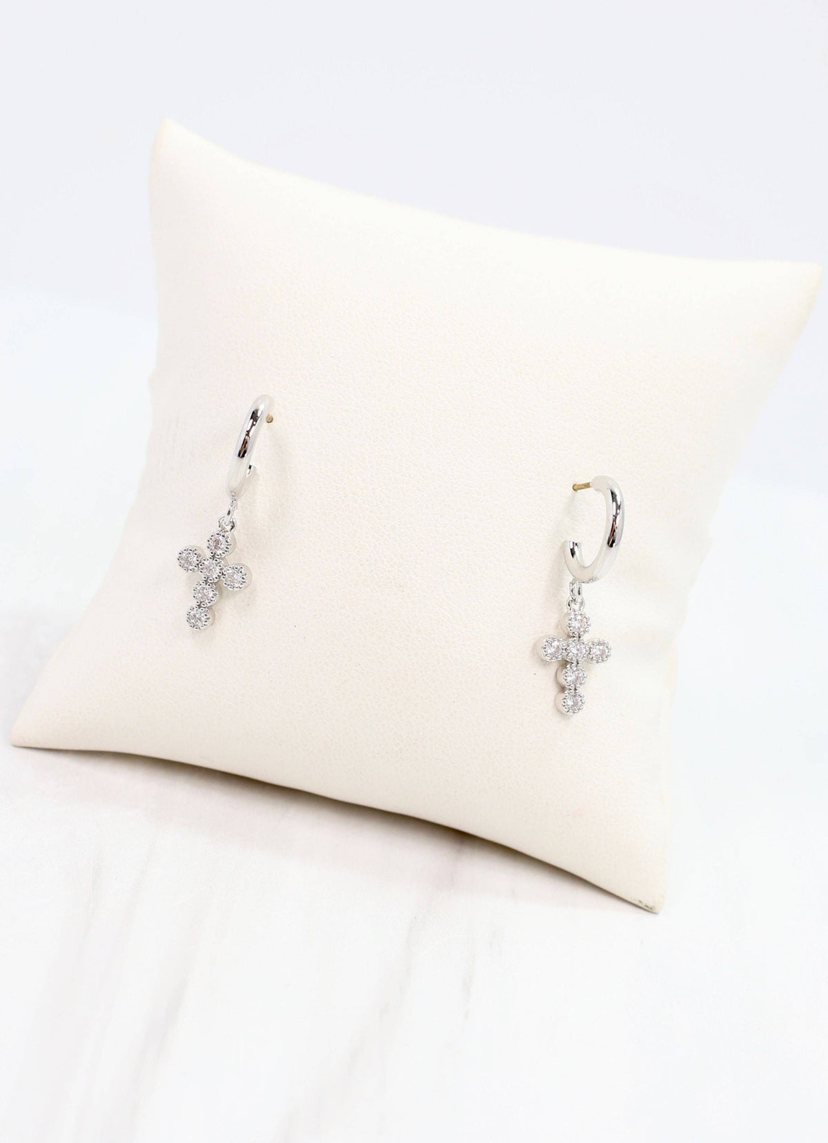 Camellia CZ Cross Hoop Earring Silver