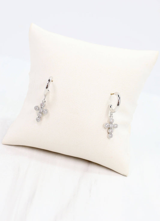 Camellia CZ Cross Hoop Earring Silver