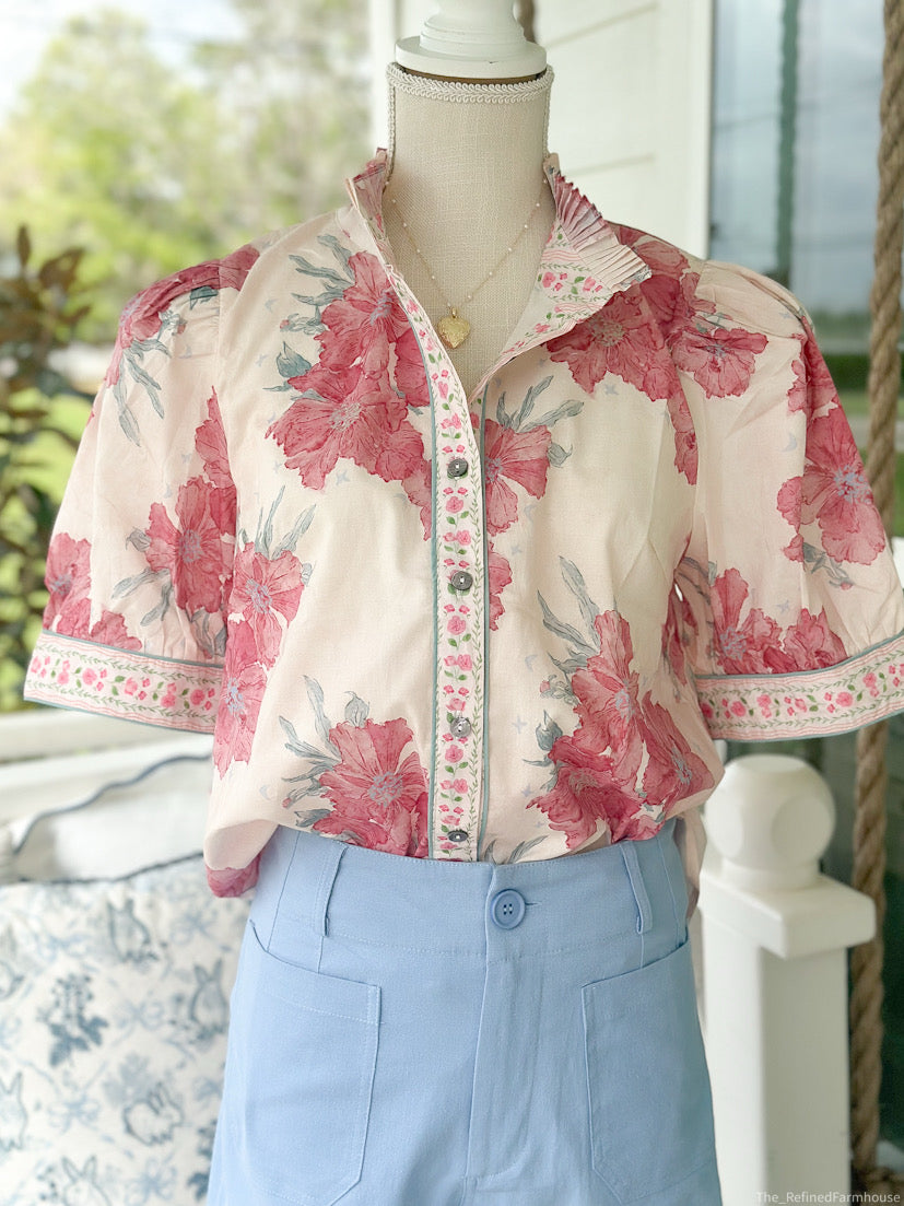 Chic Pink Floral Puff Sleeve Top