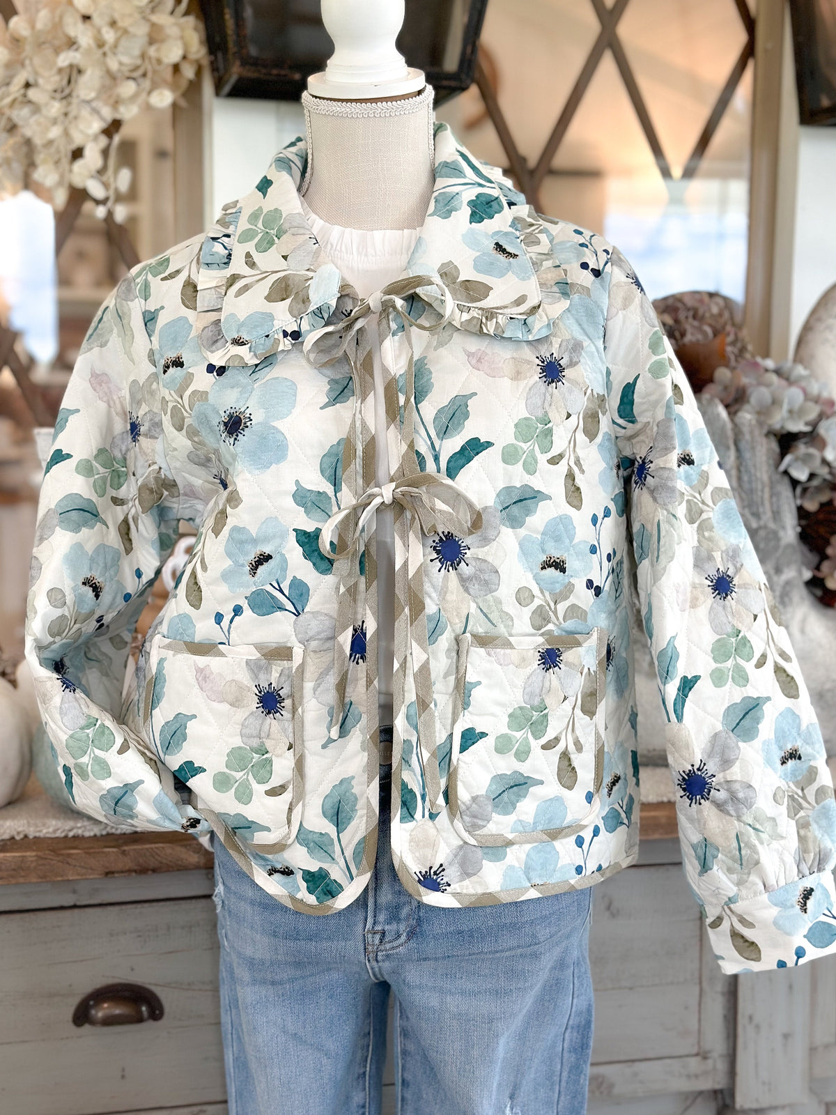 Blue Floral Print Quilted Jacket
