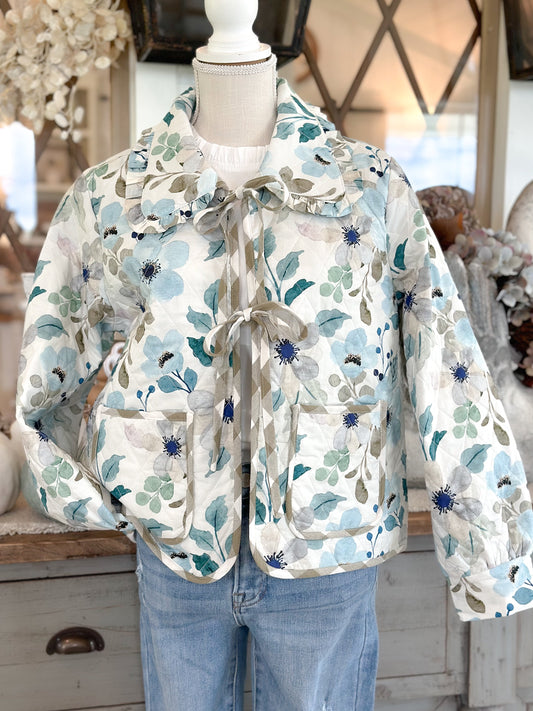 Blue Floral Print Quilted Jacket