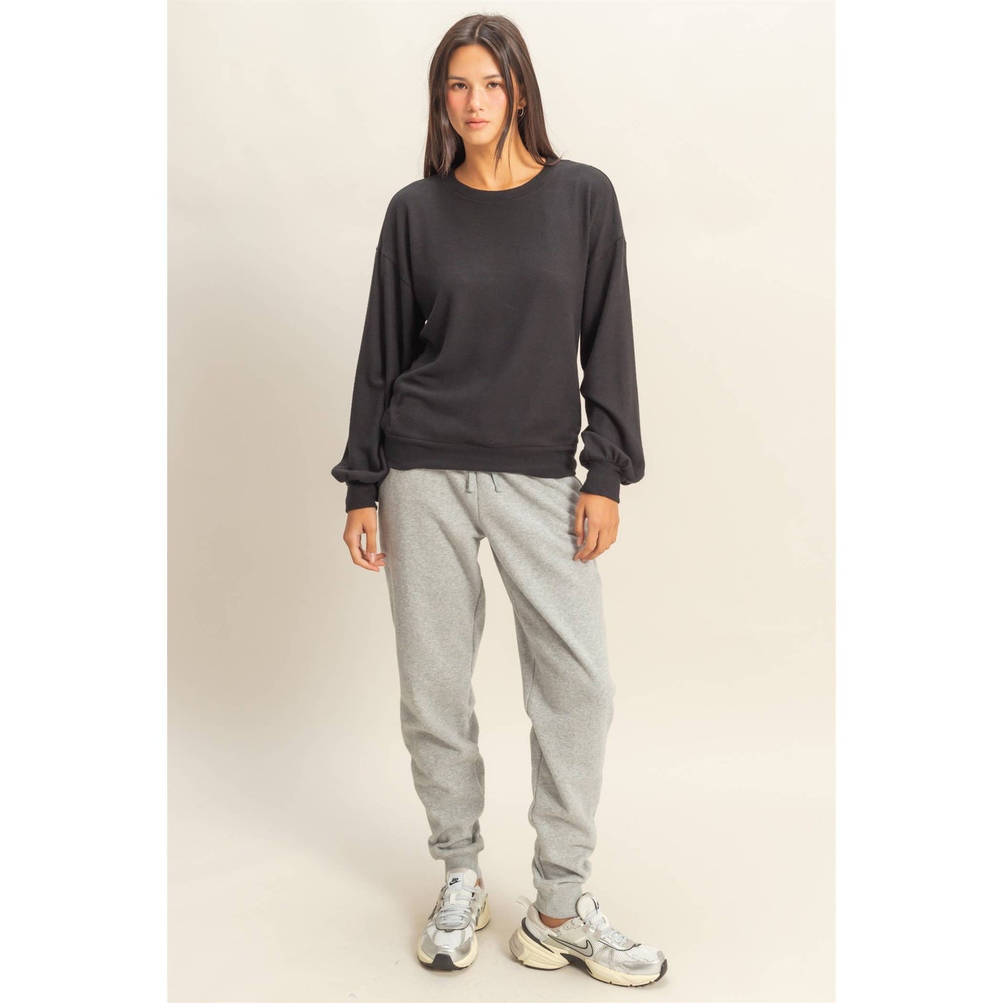 Round Neck Balloon Sleeve Sweatshirt | Black