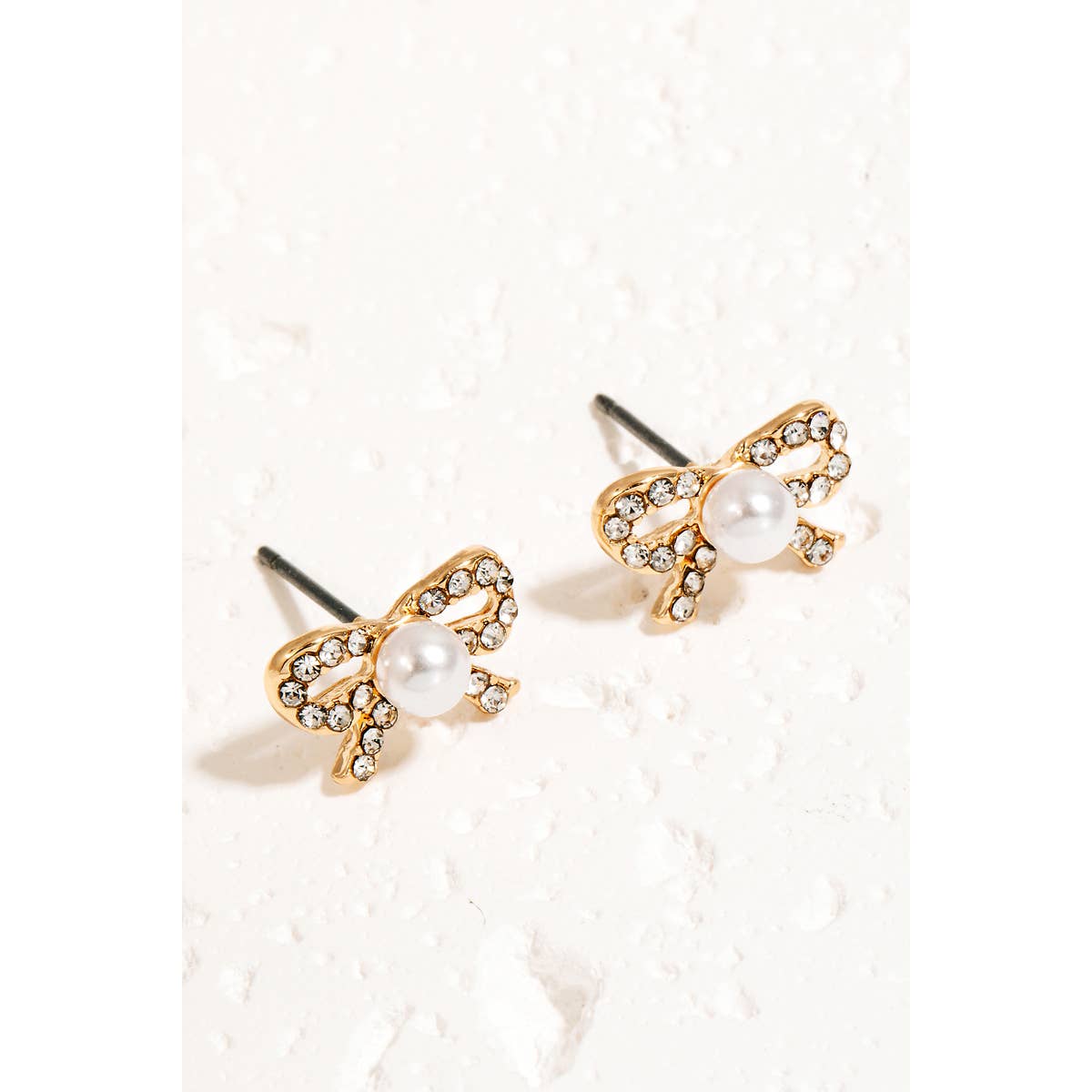 Pearl And Rhinestone Studded Ribbon Bow Stud Earrings: GD