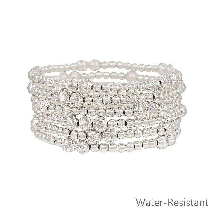 Set of 6 Silver Water Resistant Beaded Textured Stretch Bracelets
