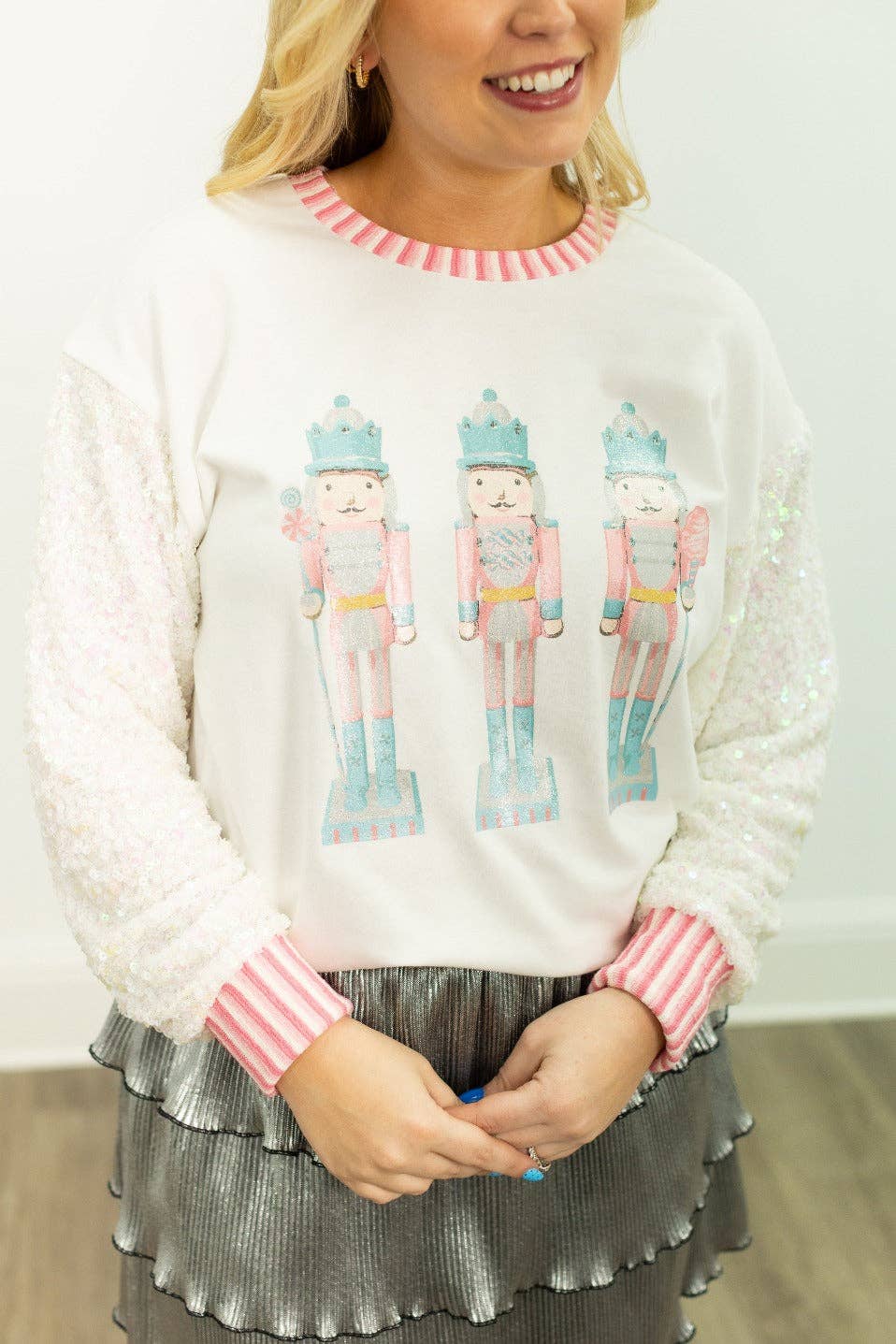 Nutcracker Sequin Sleeve Top | White
