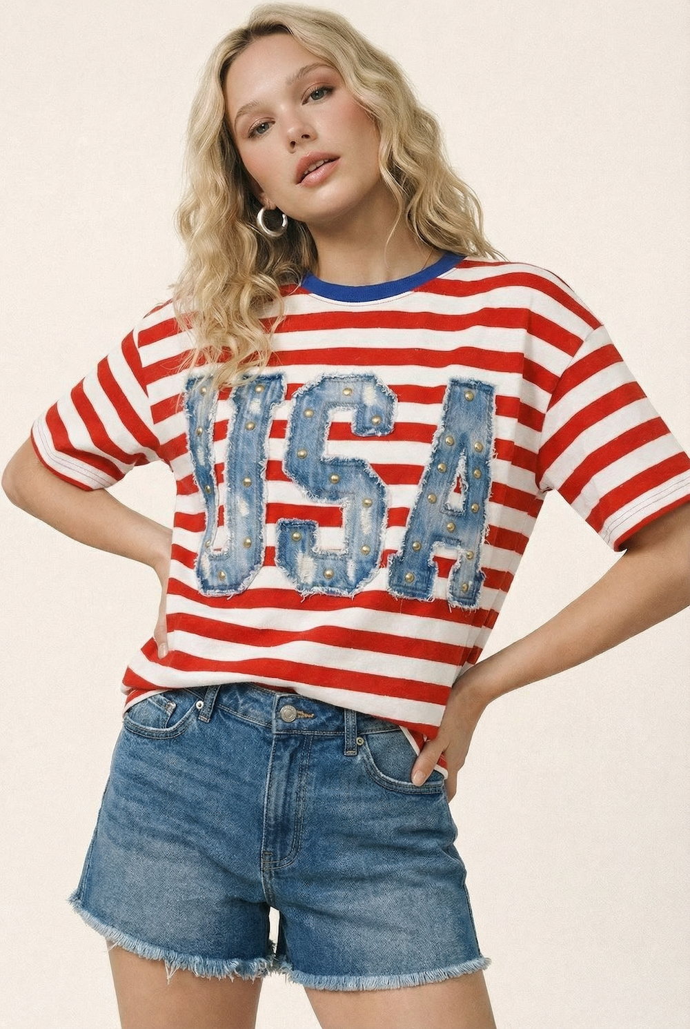 4th of July Oversized Americana-style tee: RED, M