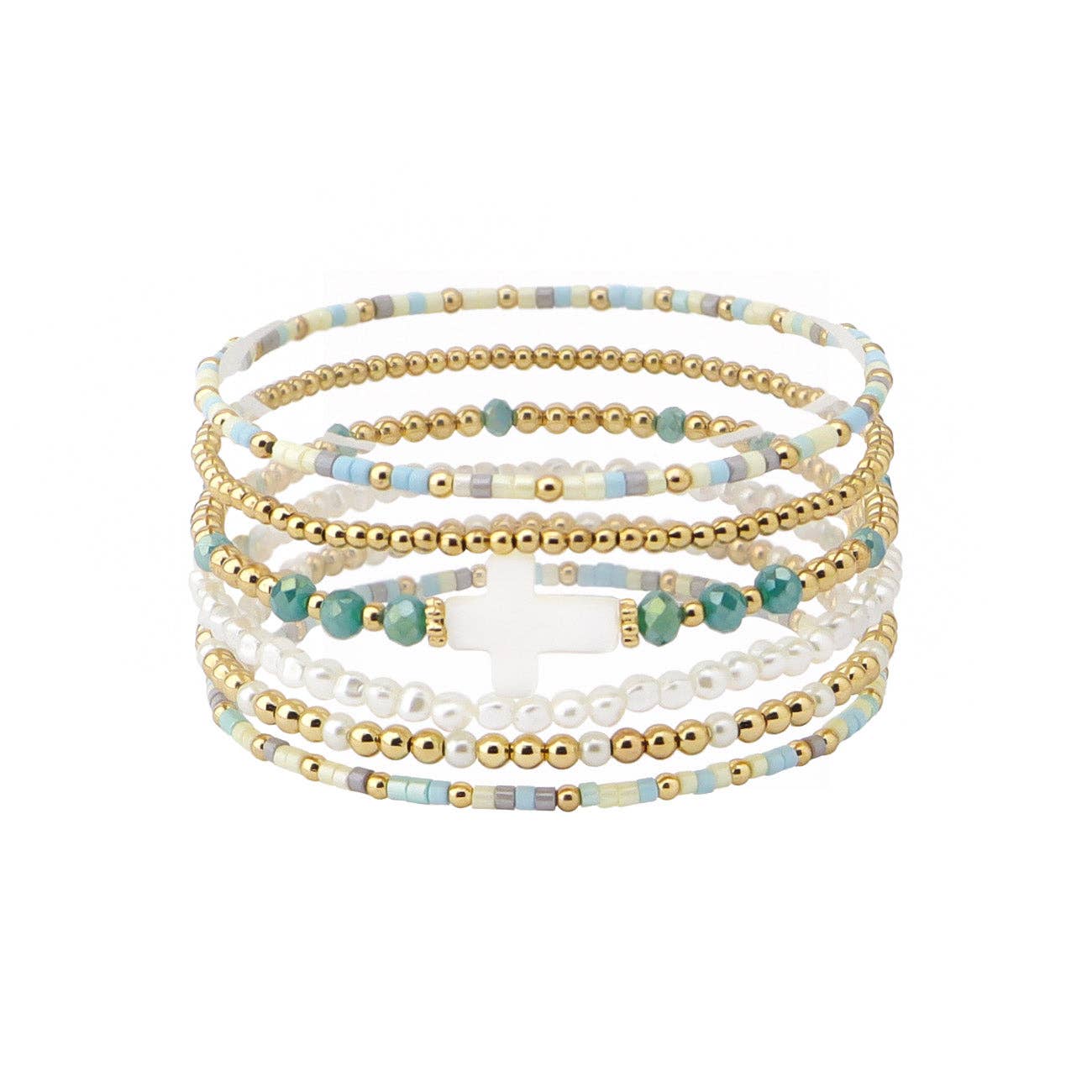 Set of 5 Gold Beaded with Turquoise Seed Bead and White Cross Stretch Bracelets