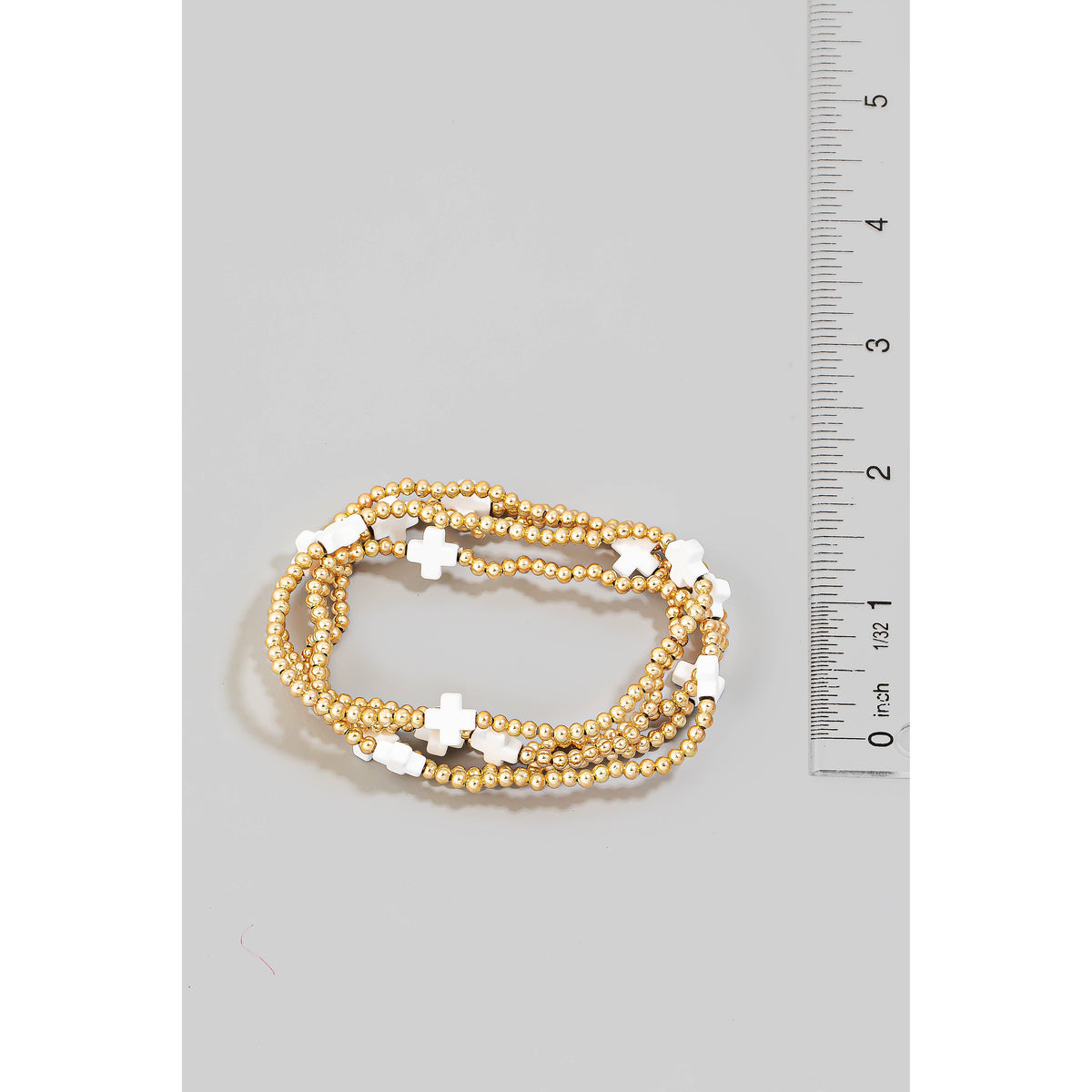 Cross And Metallic Beads Layered Bracelet: WHT