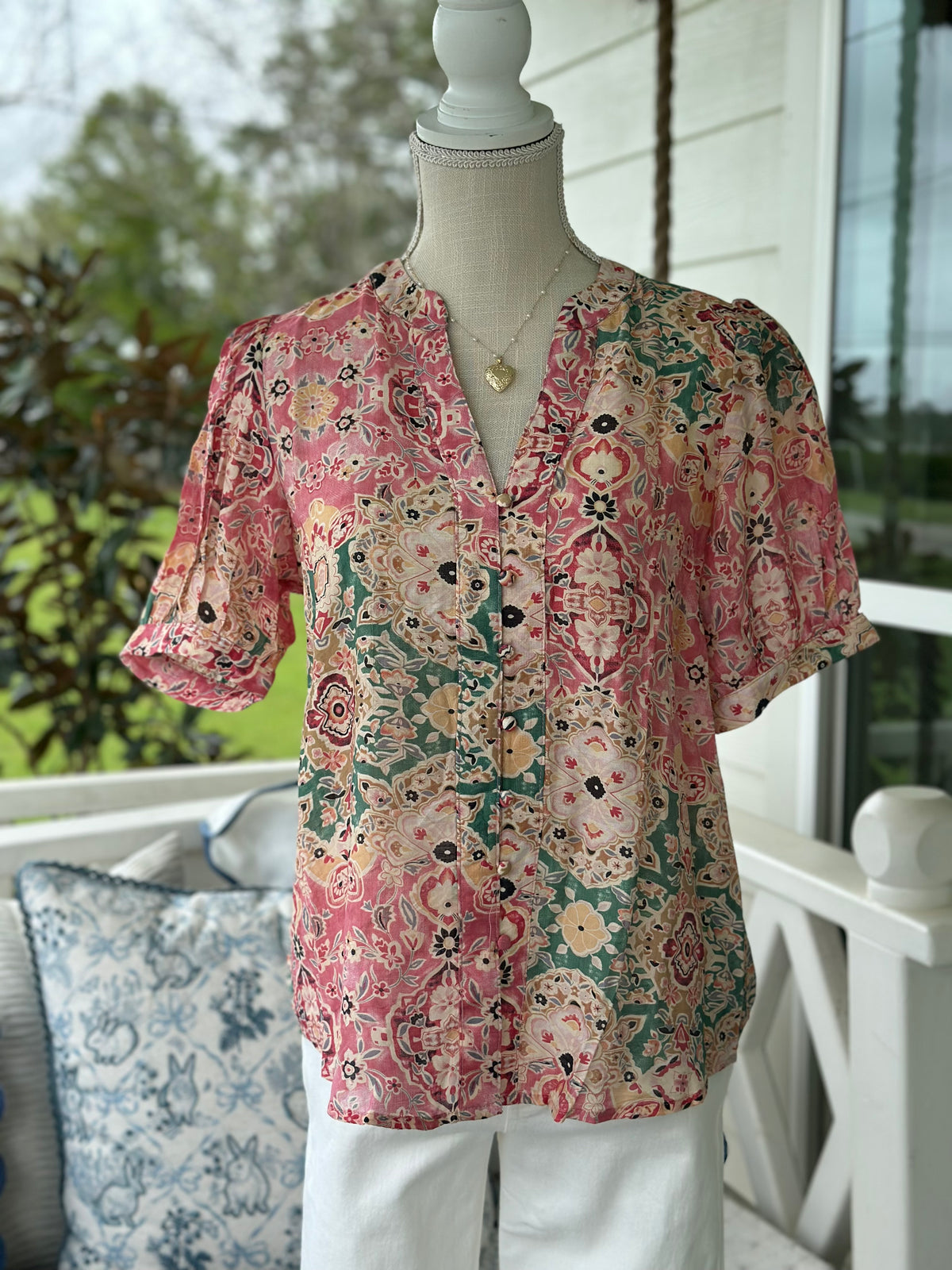 Pink Mixed Paisley Puff Sleeve Print Top