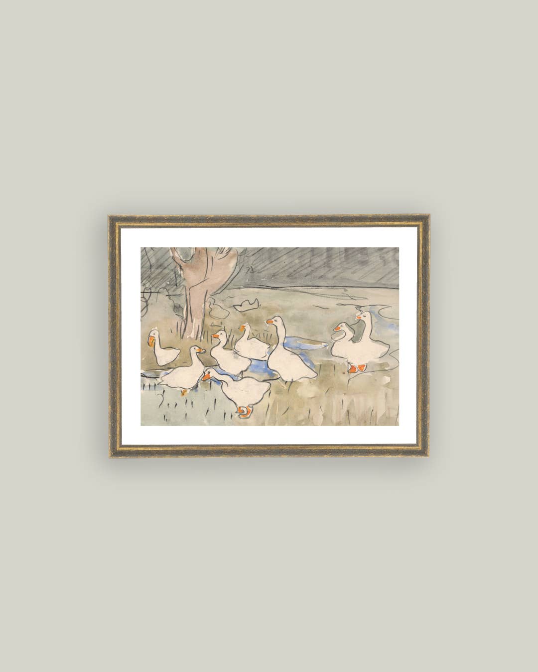 Geese Pond Framed Antique Art: 16x12