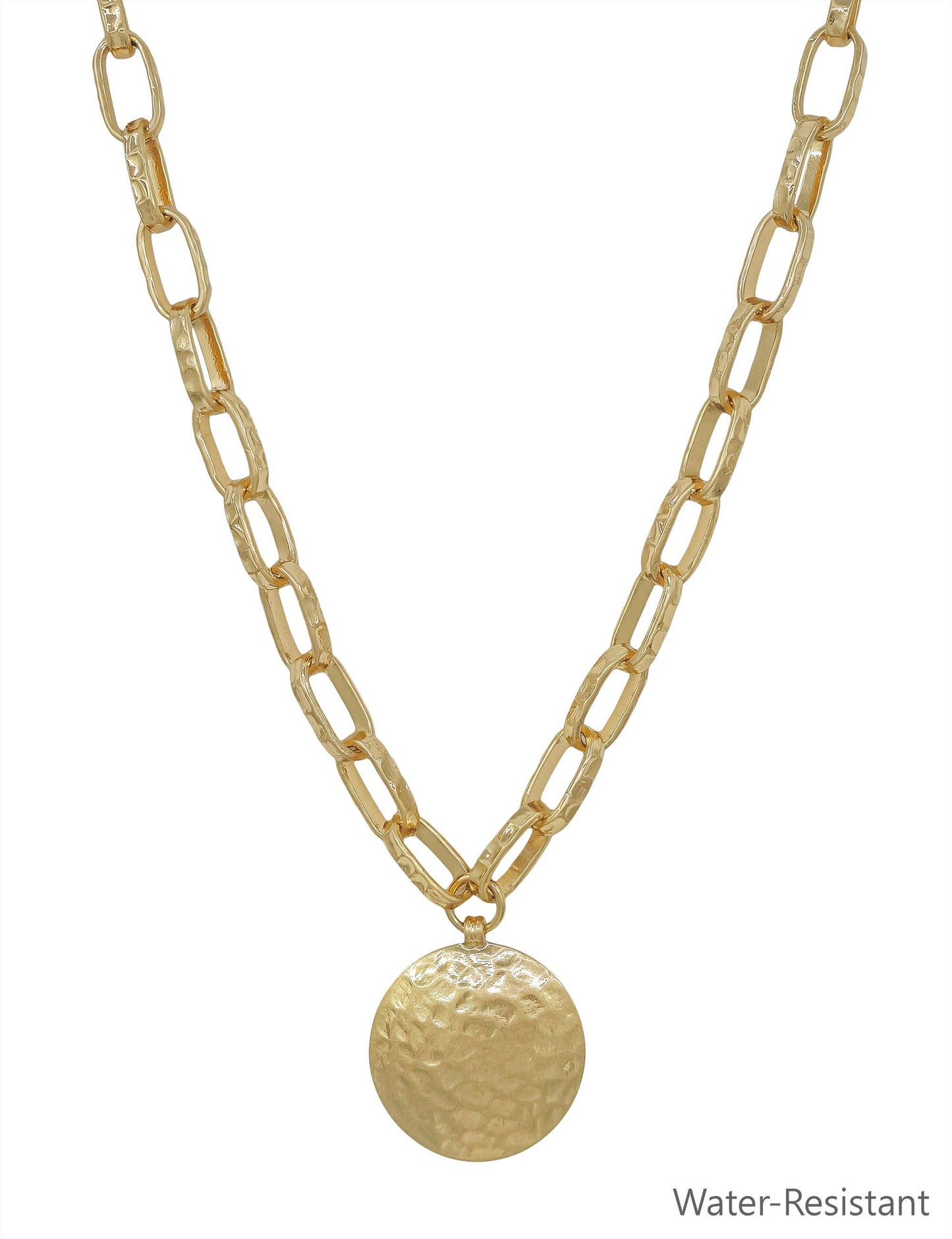Water Resistant Gold Open Chain with Hammered Circle 16"-18" Necklace