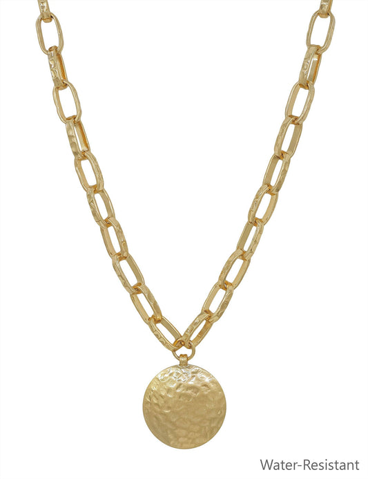 Water Resistant Gold Open Chain with Hammered Circle 16"-18" Necklace