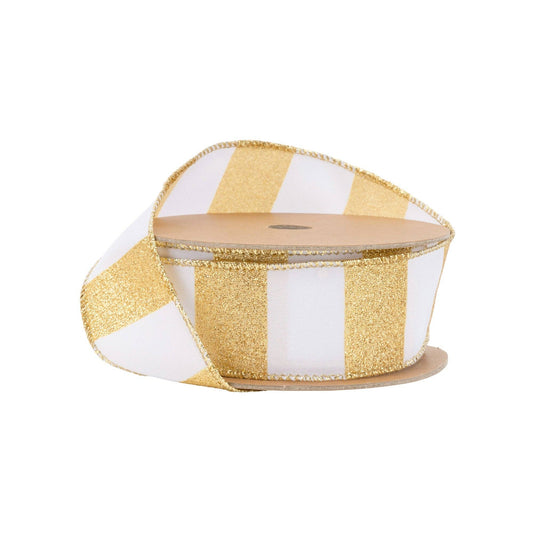 1 1/2" Wired Ribbon with Gold Glittered Stripes | 10 Yard Roll