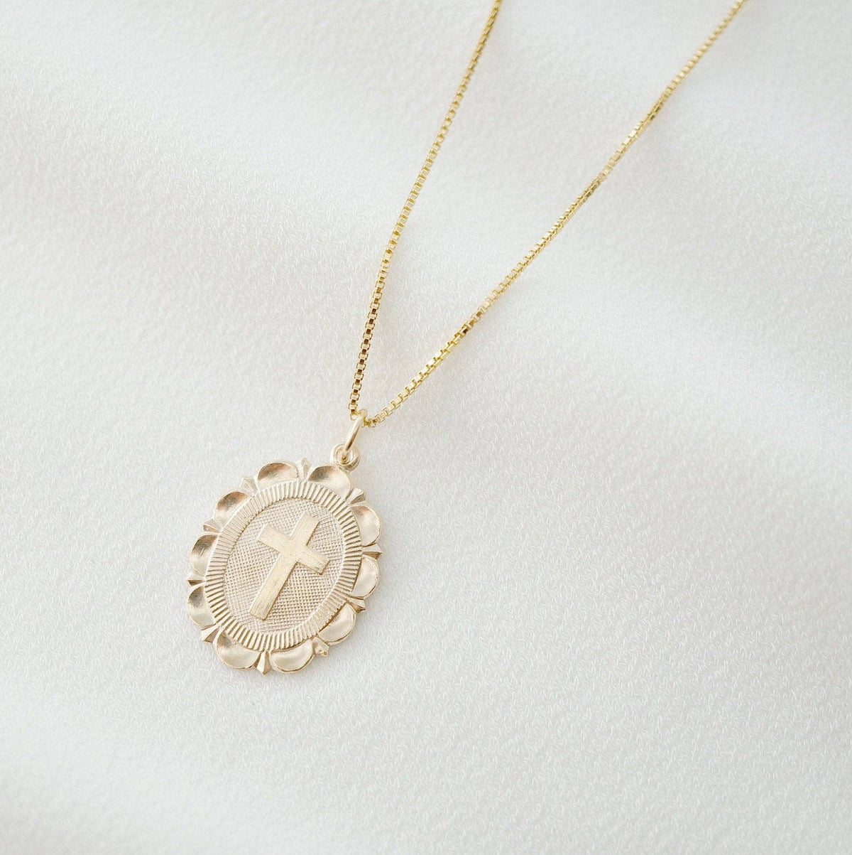 Cross Coin Medallion Necklace (Monet) in 14K Gold Fill: Sterling Silver, 16" Satellite