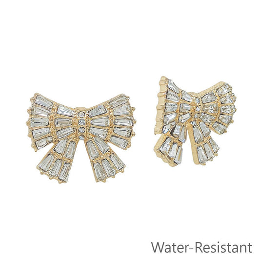 Water Resistant Rectangle Crystals on Gold Bow .75" Stud Earring