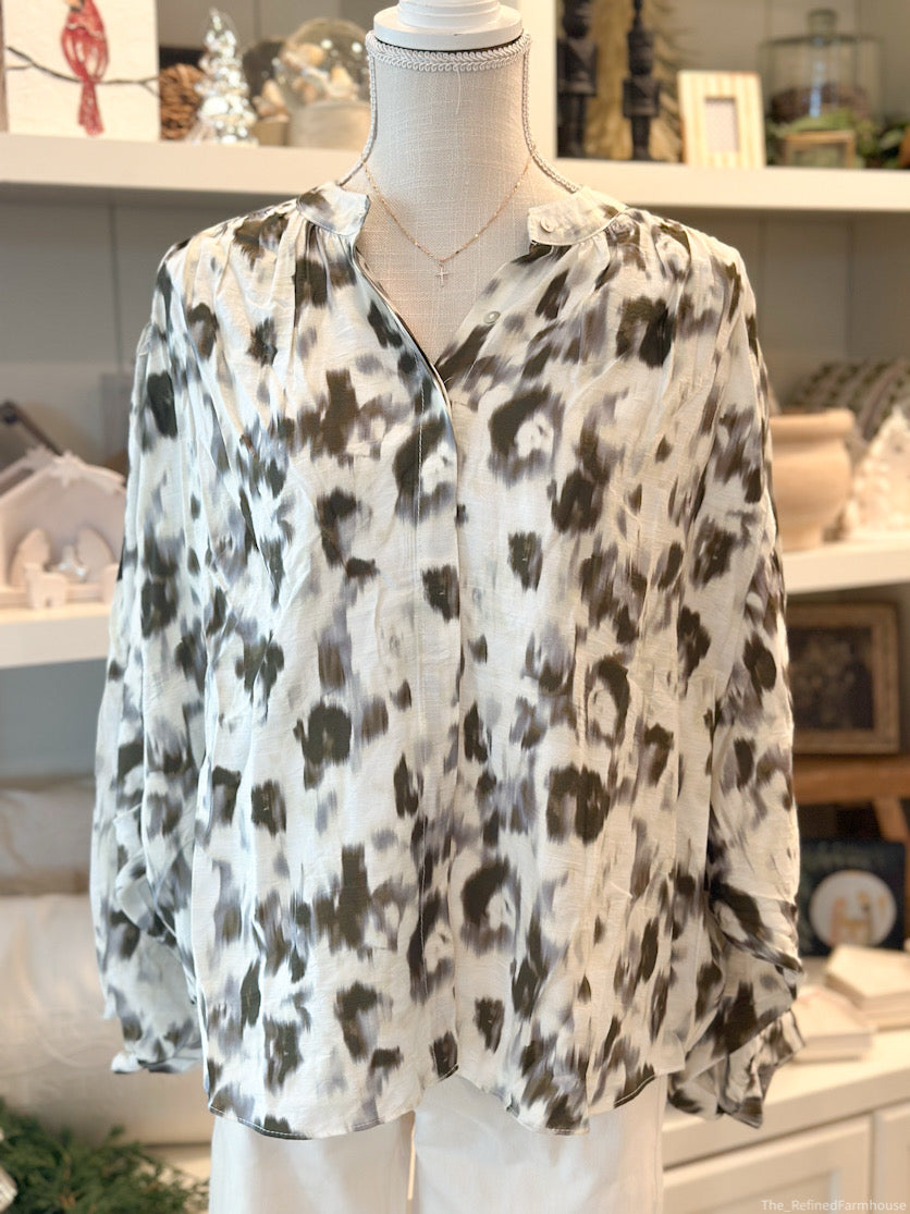 Olive Neck Band Button Down Print Shirts