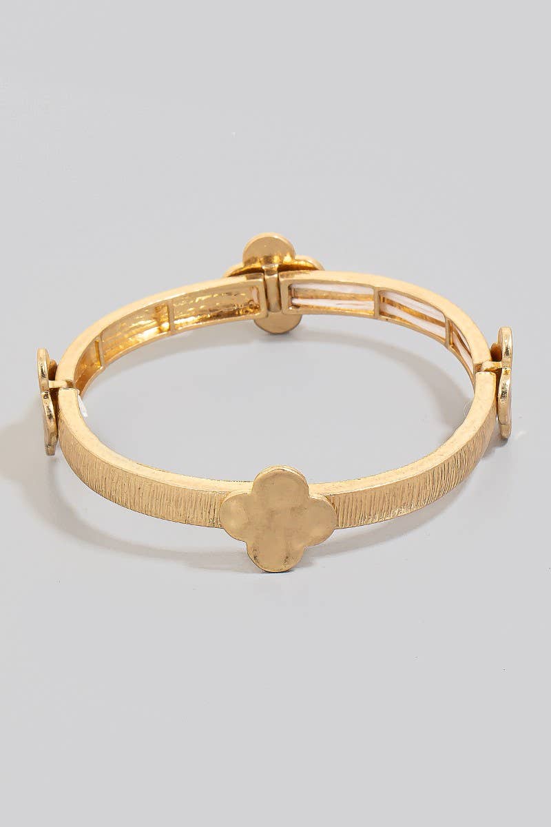 Textured Metallic Clover Charms Elastic Bangle Bracelet: WG