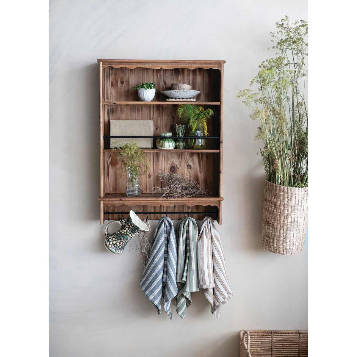 Wood Wall Shelf with 3 Shelves, 2 Rods & 6 Hooks, Natural